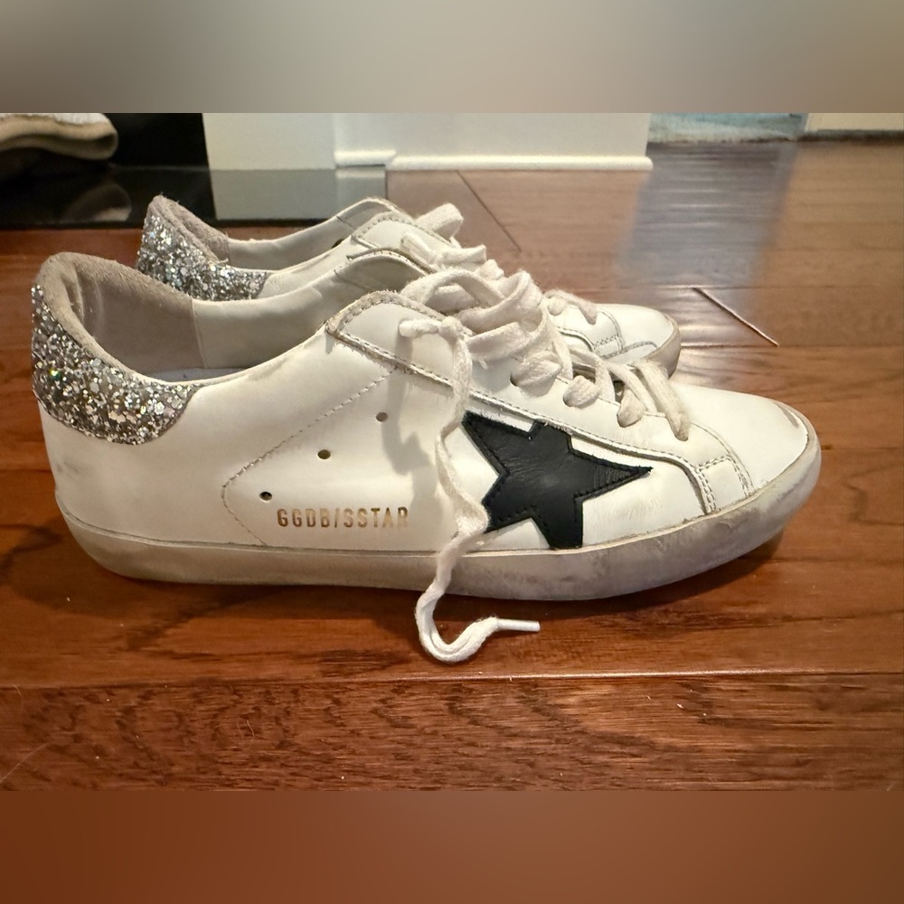 Golden Goose White Sneakers with Black Star and Silver Glitter Heel Sz 37